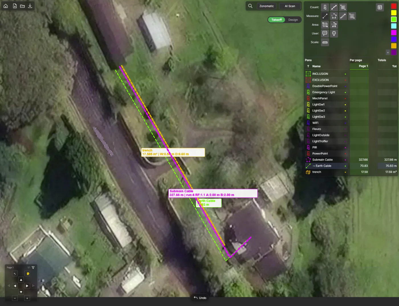 Global Slay: an aerial map of a rural property open in QuoteSlayer with the submain cable measured at 327.66 metres, the earth cable at 70.83 metres and a trench calculated at 17.585 cubic metres