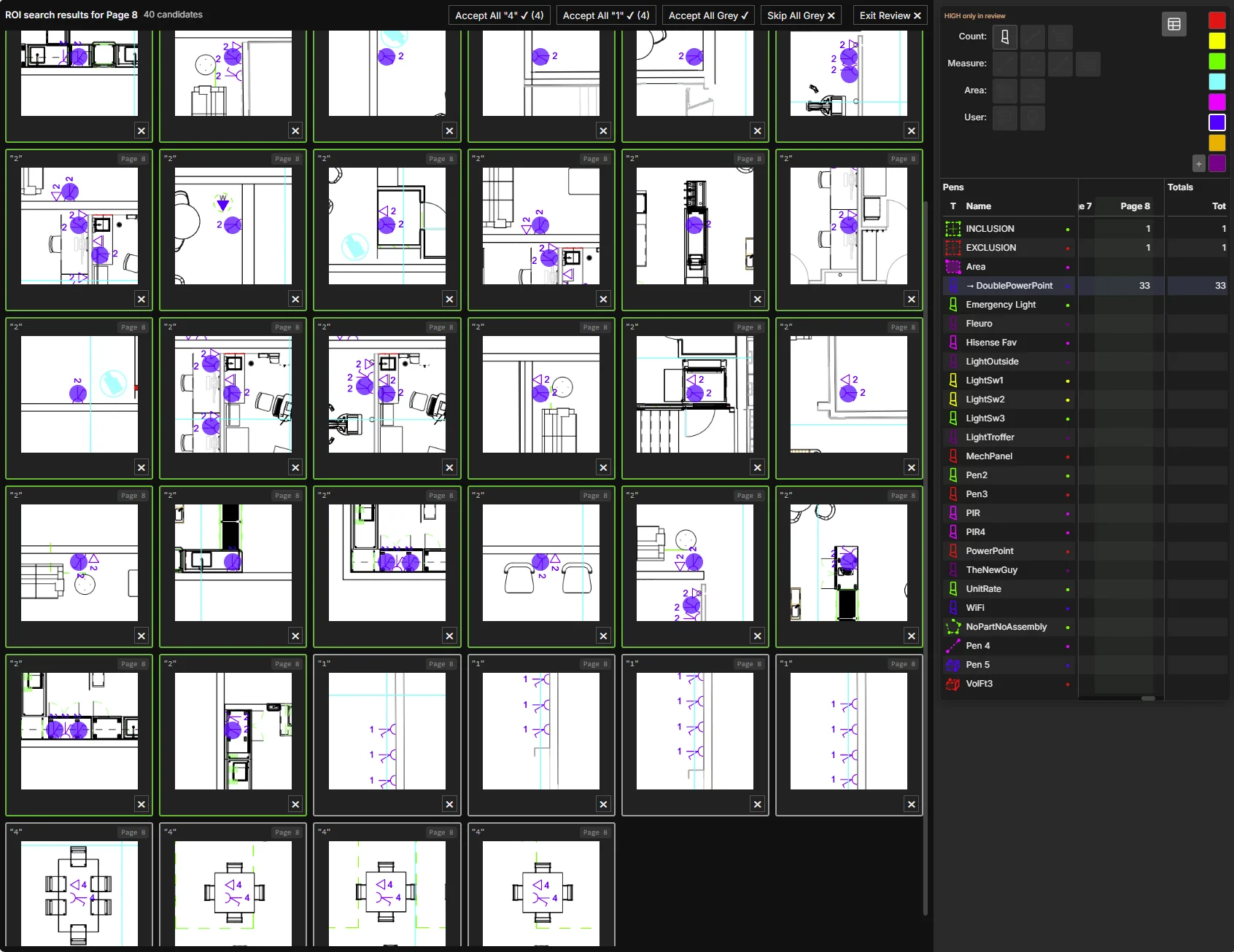 The full Symbol Slayer review screen: forty candidate tiles for page 8, bulk accept controls across the top, and the pen list with running totals on the right